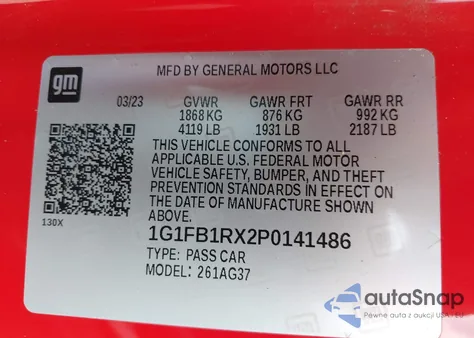 2023 Chevrolet Camaro Rwd 1Lt z USA, uszkodzony, nr VIN 1G1FB1RX2P0141486